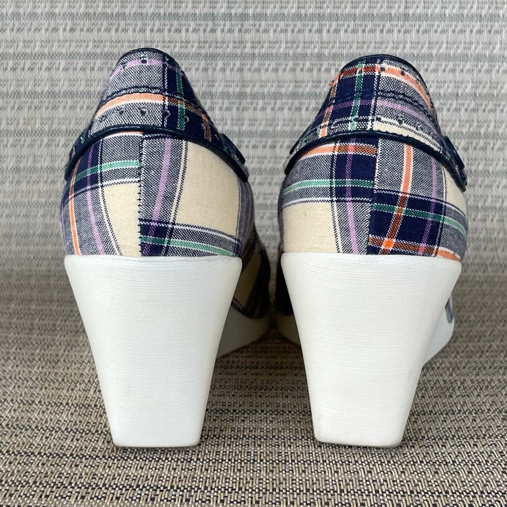 BC Footwear Plaid Fabric Peep-toe Wedges Navy Blue Size 9 - Picture 5 of 13